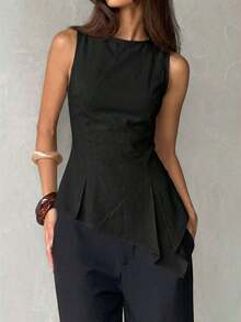 Blusa sin mangas asimétrica color caqui - Negro - Ver 4