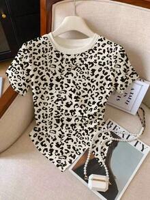 Camiseta ajustada de cuello redondo versátil de ajuste ceñido con estampado de leopardo, nueva llegada primavera/verano para mujer - Multicolor 5 - Ver 4