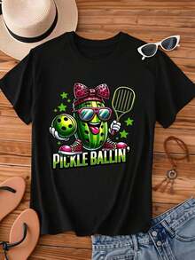 Camiseta de cuello redondo para mujer con estampado de pepino de dibujos animados jugando con raqueta y pelota, manga corta para uso casual y actividades deportivas. - Negro - Ver 2