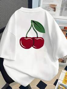 Camiseta casual de manga corta para mujer, con estampado de cerezas en la parte delantera y trasera, diseño de frutas rojas, cuello redondo, para verano y primavera, ropa de mujer 100% algodón. - Blanco - Ver 2