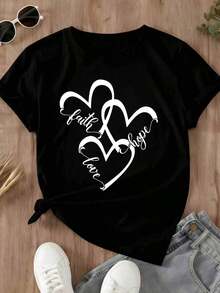 Camiseta Casual para Mujer con Diseño Gráfico de Fe, Esperanza y Amor para Uso Diario y Salidas - Negro - Ver 2