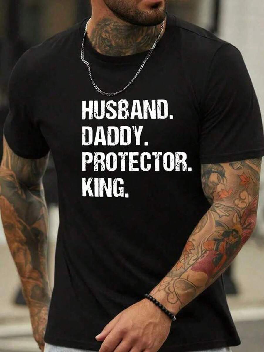 Camiseta de manga corta con cuello redondo y estampado de letras con eslogan casual para hombre, verano - Negro - Ver 1
