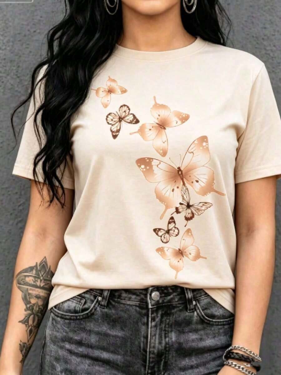 Women's Fashion Graphic Print T-Shirt Blouse, Basic Short Sleeve Crew Neck T-Shirt With Butterfly, Insect, And Flower Print, Spring/Summer, For Everyday Wear, Day/Night, Casual, Regular Fit, Comfortable, Cool, Lightweight, Modern, Youthful, School, Street, And Home Use. New Loose And Versatile Top - Vintage Street Style Unisex Cotton Short Sleeve Crew Neck T-Shirt - 杏 - 查看 1