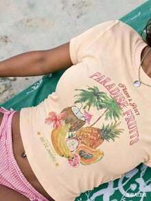 Sundraya Women's 2026 Summer Graphic T-Shirts, Cream Fitted Crop Top With Fruit And Coconut Print, For Summer Beach Vacation, Loose And Comfortable Top For Women, Summer Clothes - Unisex Vintage Urban Style, Cotton Short Sleeve Crew Neck T-Shirt. - 杏色 - 查看 6