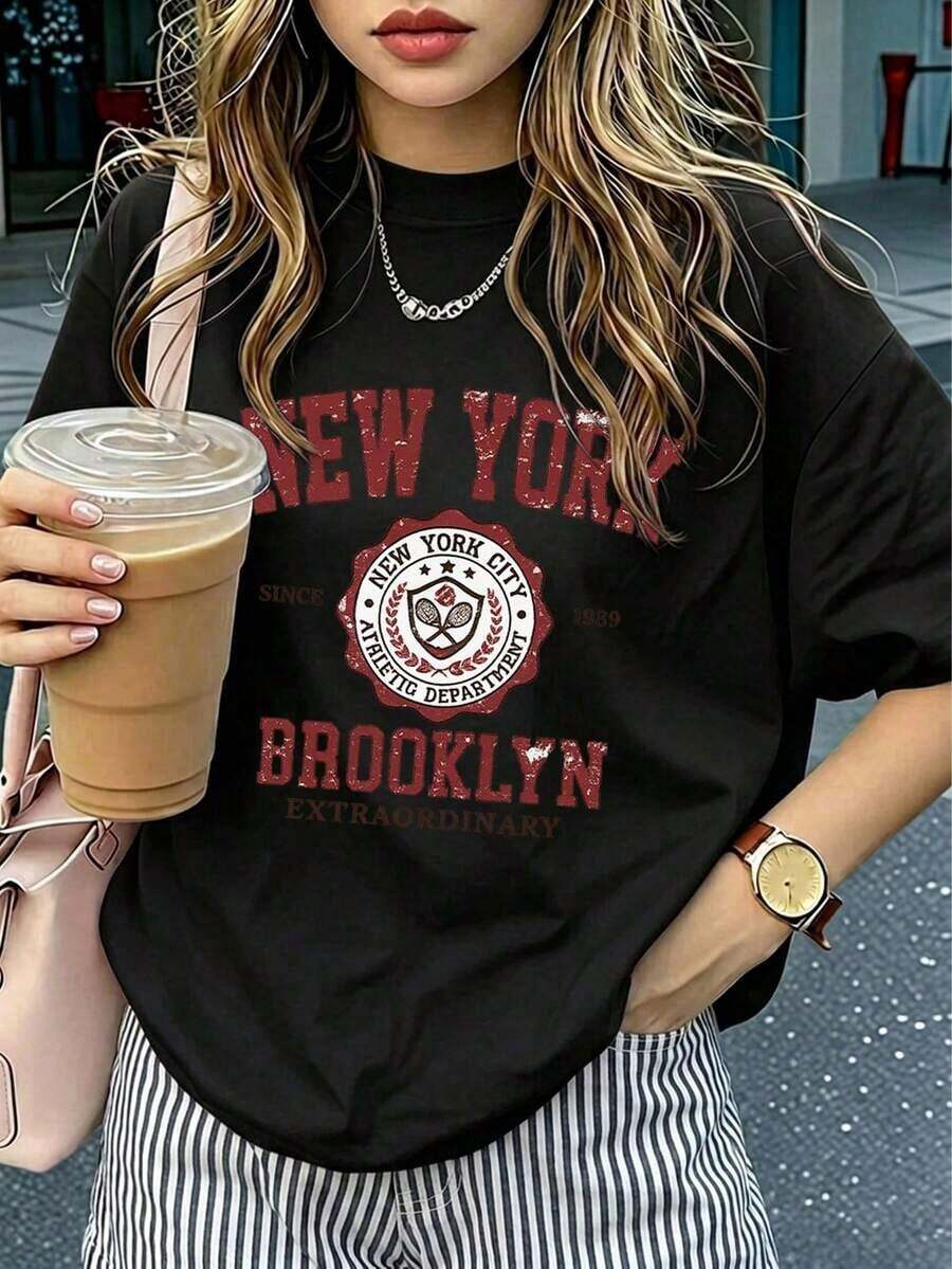 Camiseta de mujer de verano nueva, casual, con estampado de eslogan, holgada, estilo vacacional, de cuello redondo y manga corta.Parte superior de uso diario y vacacional.Camiseta de mujer.Blanco - Negro - Ver 1