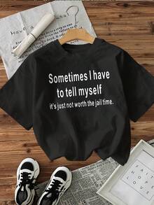 Camiseta con estampado de letras, manga corta y cuello redondo, top casual para verano y primavera, ropa de mujer - Negro - Ver 2