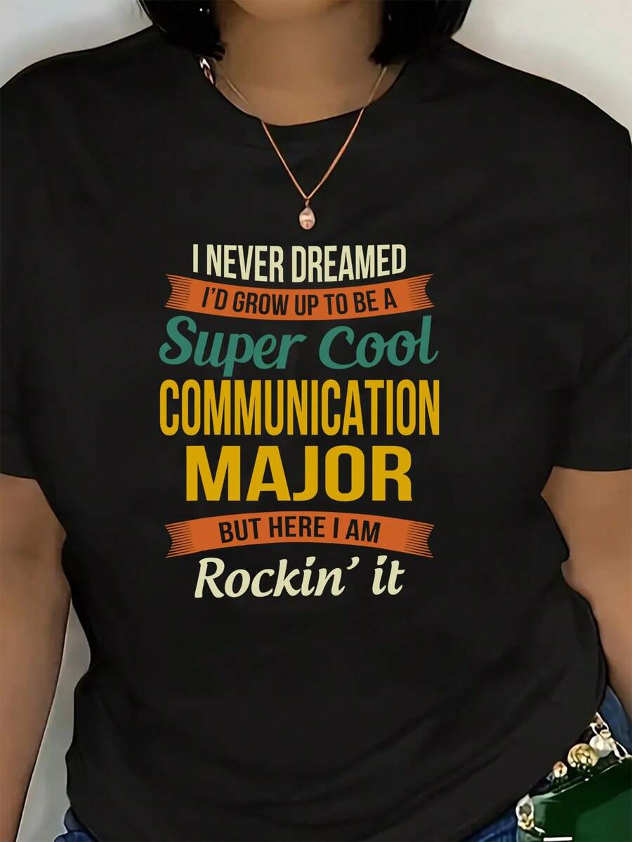 Camiseta de Cuello Redondo para Mujer de Tallas Grandes con Estampado Divertido de "Super Cool Communication Major", naranja, verde azulado, amarillo - Camiseta ligera para uso diario y ocasiones formales, lavable a máquina, camiseta de talla grande para mujer, 1 pieza, Blusas Para Mujer Casual - Negro - Ver 1