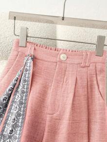 Pantalones de pierna ancha con cintura alta elástica y bolsillos fruncidos en azul marino, con decoración elegante de cinta estampada, versátiles para ocasiones casuales, formales, de fiesta y de vacaciones en primavera/verano - Rosa - Ver 4