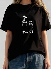 Camiseta Casual de Cuello Redondo para Mujer con Estampado de Corazón - Negro - Ver 6
