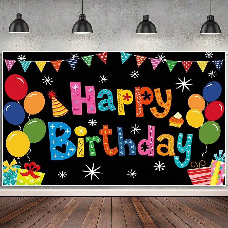1 pieza Pancarta de fondo de feliz cumpleaños, decoración de fiesta colorida, letrero grande para el patio, fondo para decoraciones de cumpleaños, baby shower, fotografía interior y exterior, suministros - Ver 1