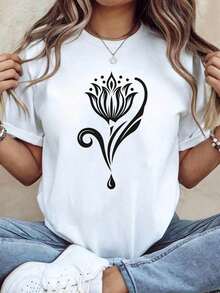 Camiseta de Cuello Redondo para Mujer, Blanca con Diseño de Loto - Blusa Casual Minimalista Zen de Manga Corta con Flor de Loto, Elástica, Adecuada para Primavera/Verano, Lavable a Máquina, Elegante para Uso Diario y para Salir, Camiseta Casual de Talla Estándar para Mujer, Transpirable, Ligera, de Manga Corta, Blusas para Mujer Casual - Blanco - Ver 7