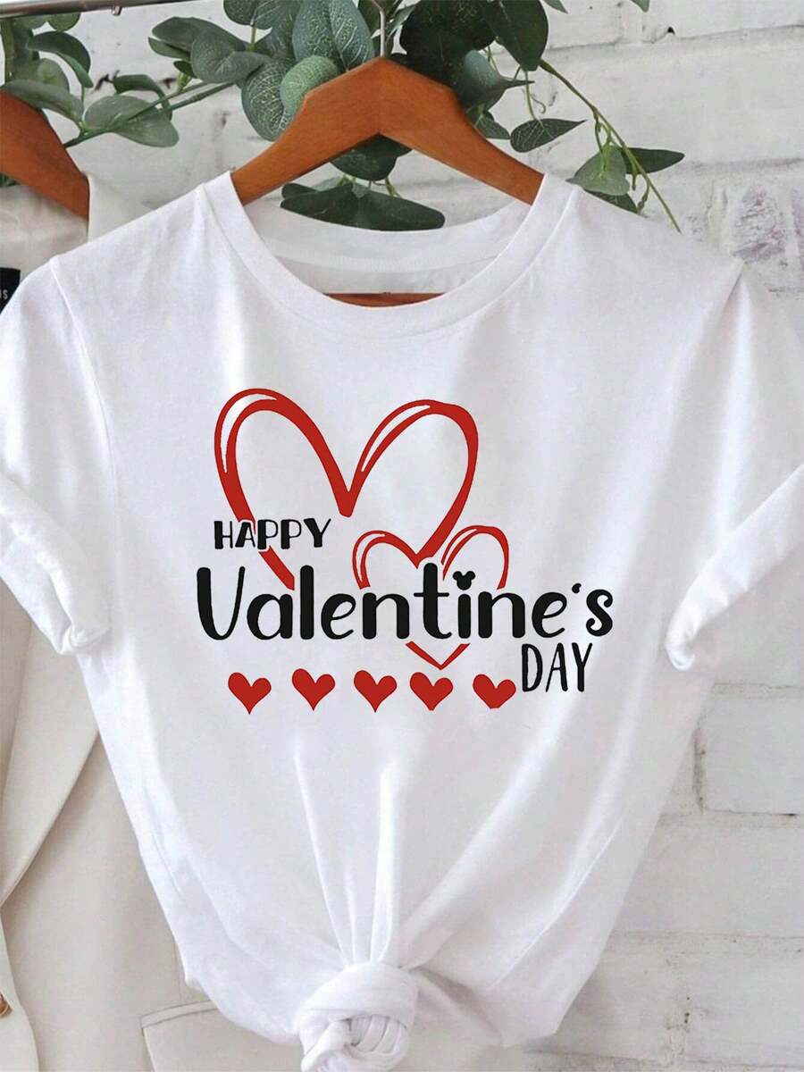 Camiseta moderna y minimalista para mujer con la frase "Feliz Día de San Valentín" y decoración de corazón, manga corta informal, estilo romántico para las fiestas, ideal para citas de San Valentín, uso diario casual. - Blanco - Ver 1