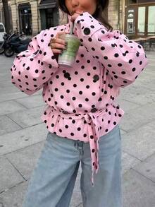 女款圓點聚酯纖維抽繩寬鬆防風外套，秋季與冬季休閒度假穿搭，粉紅色 - 粉色 - 查看 5