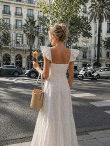 Women's Summer Fashionable And Elegant Vacation Style Suspender Ruffle Edge Square Neck Hollow Rough Design A Long Women's Dress, Suitable For Beach Vacation, Wedding Guests, Graduation Ceremony Dress, Birthday Party, Elegant Party Dress, - White - View 5