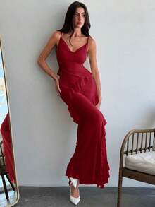 xheAloruh Vestido ceñido con tirantes finos, cuello drapeado y volantes para una cita romántica, para mujer. Vestidos de primavera/verano, regalo del Día de San Valentín, cita nocturna de San Valentín, "Sé mi Valentín", propuestaxhe - Rojo - Ver 6