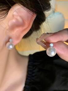 Bông tai thủ công chất lượng cao, bông tai ngọc trai hình cúc áo, bông tai bạc 925 mạ vàng, đá Cubic Zirconia, bông tai ngọc trai không gây dị ứng, quà tặng cô dâu, quà sinh nhật cho nữ. - Bạc - Xem 1