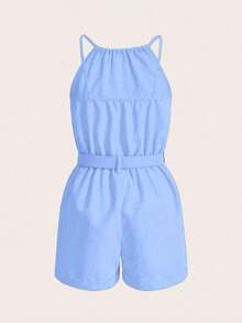 Mono casual de mujer de unicolor con bolsillo, cuello halter y pliegues - Azul - Ver 2