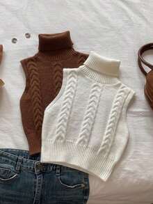 Conjunto de 2 piezas de top de punto sin mangas de cuello alto informal - Blanco - Ver 1