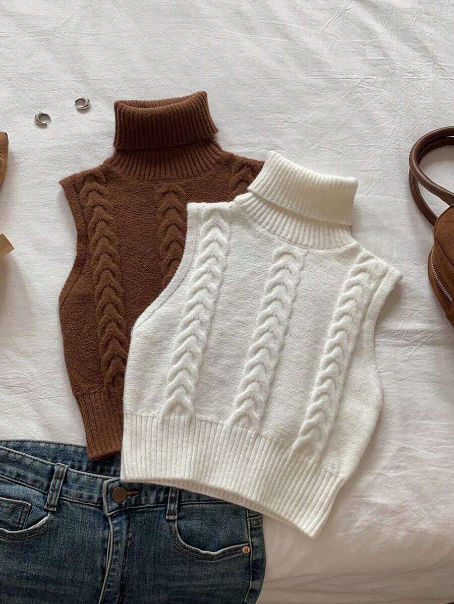 Conjunto de 2 piezas de top de punto sin mangas de cuello alto informal - Blanco - Ver 1