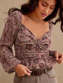 Blusa de manga larga con cuello de corazón, volantes y estampado floral, para otoño, invierno, uso casual, estilo occidental, bohemio - Rosa 2 - Ver 6