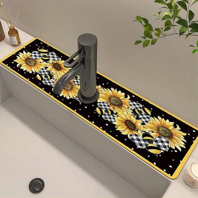 1pc Sunflower Design Rubber Faucet Splash Guard, Bathroom Faucet Splash Mat, Anti-Moisture Anti-Slip Faucet Pad, Kitchen Countertop Accessory. Protect Your Kitchen Countertop.