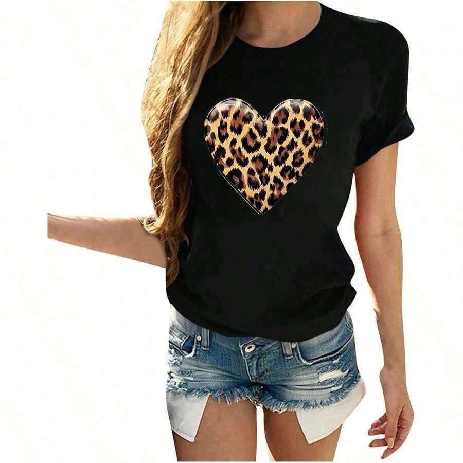 Women's Valentine's Day Heart Print Round Neck Short Sleeve T-Shirt, Thermal Clothing For Daily Wear, Soft Fabric, Stylish Crop Top, Graphic T-Shirt For Women. - 黑色 9 - 查看 1