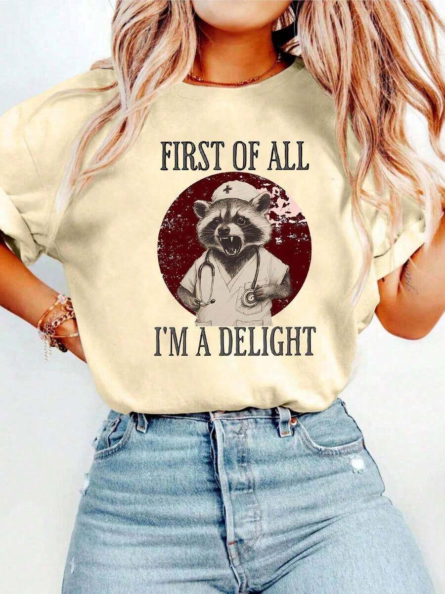 En primer lugar, llevo puesto una agradable camiseta casual de manga corta con cuello redondo y estampado para mujer, perfecta para primavera y verano. Adecuada para primavera, verano y otoño. - Albaricoque - Ver 1