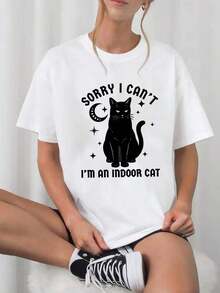 Camiseta Casual de Manga Corta con Cuello Redondo y Estampado de Gato Gótico para Mujer, Perfecta para Primavera y Verano. Adecuada para primavera, verano y otoño. - Blanco - Ver 7