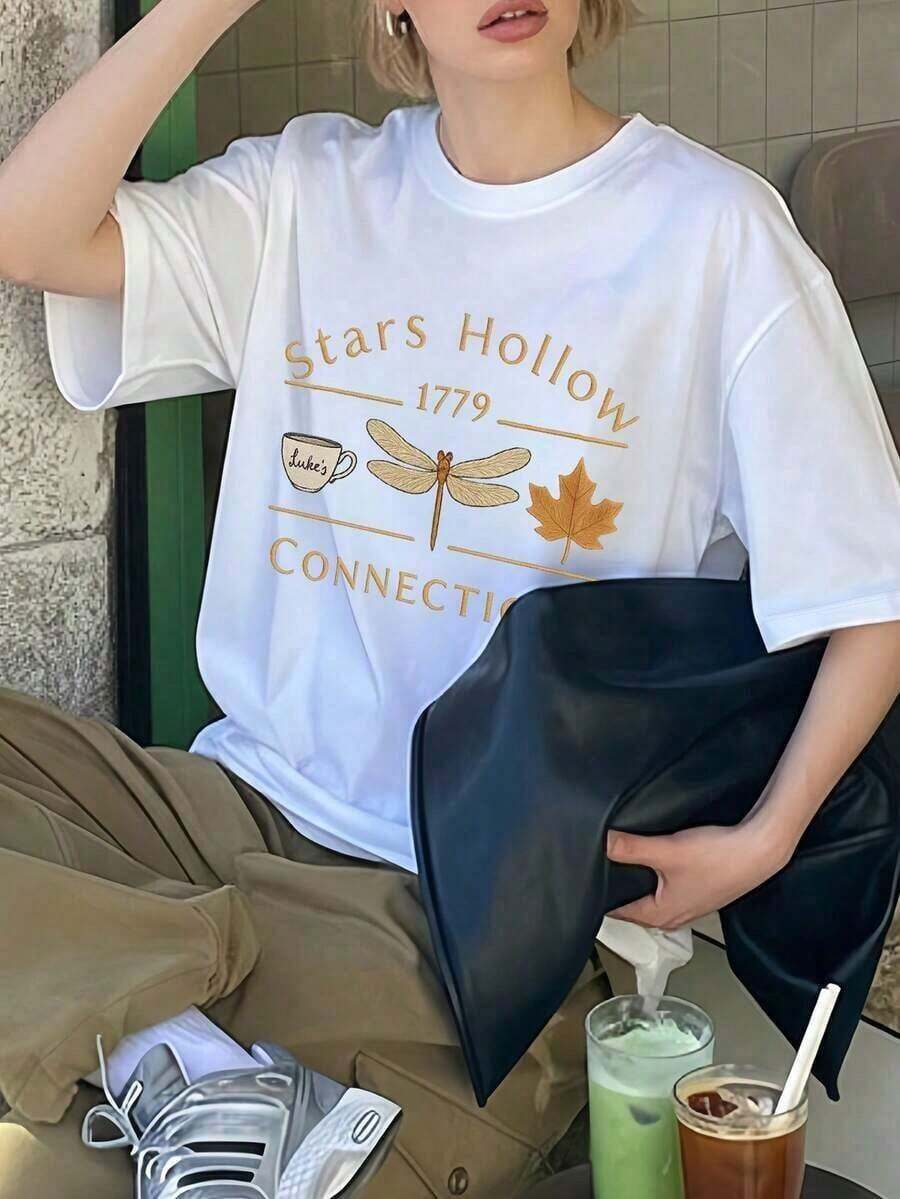 Camiseta Casual de Verano para Mujer, 1 Pieza, Cuello Redondo, Manga Corta, Estampado de Libélula, Hoja de Arce, Taza de Café, Letras Inglesas, Estilo Minimalista, Holgada, Versátil, Moda Urbana - Blanco - Ver 1