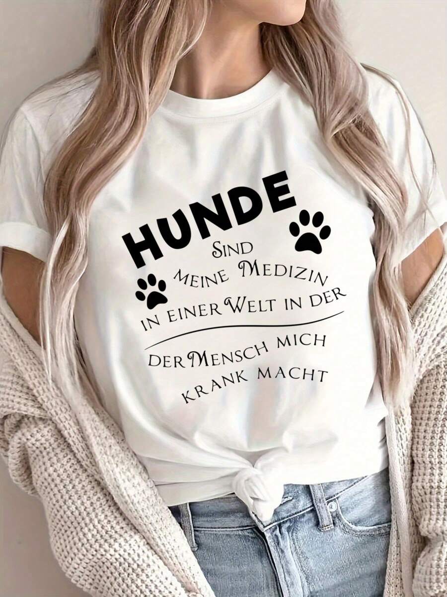 Camiseta de Manga Corta para Mujer, Cómoda y Versátil, Cuello Redondo con Divertido Estampado Alemán de Declaración de Perro - Blanco - Ver 1
