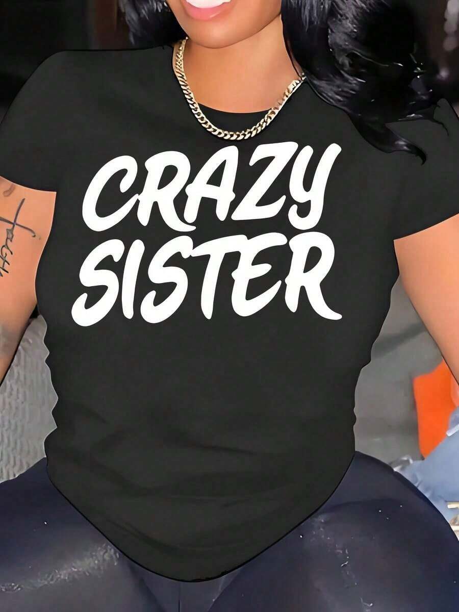 Camiseta Casual con Estampado de Hermana Loca para Mujer, Regalo Divertido para Hermanas, Ropa Casual para Salidas Diarias y Eventos Familiares para Mujeres - Negro - Ver 1