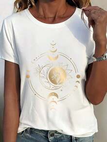 Camiseta Blanca con Estampado de Luna Dorada y Flores para Uso Casualblusa casual mujer - Blanco - Ver 2