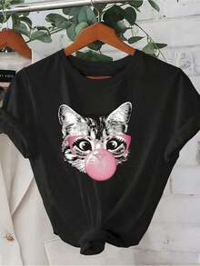 Camiseta única y divertida con diseño de gato con gafas masticando chicle perfecta para amantes de las mascotas y estilo y2k ideal para combinar en cualquier ocasión trendy y casual perfecta para un look fresco y moderno - Negro - Ver 1
