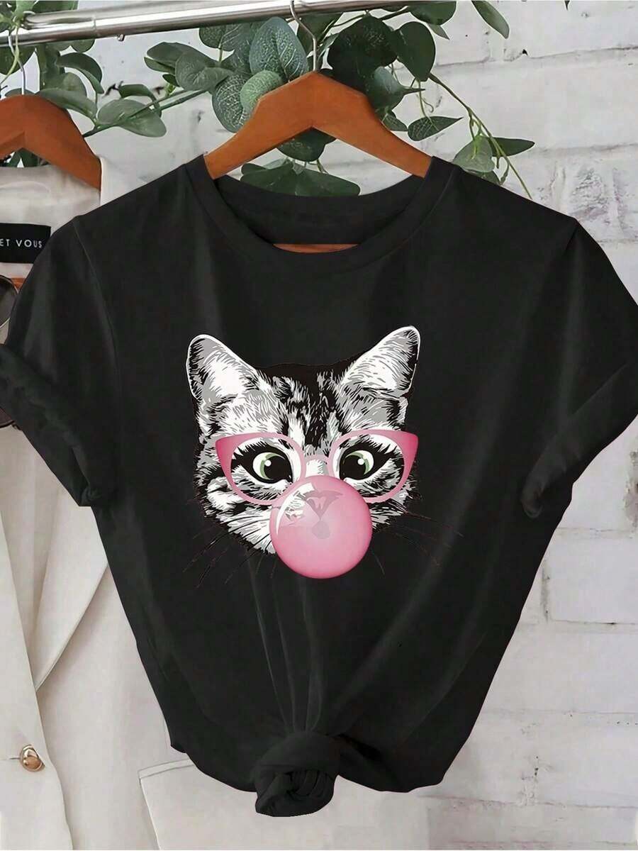 Camiseta única y divertida con diseño de gato con gafas masticando chicle perfecta para amantes de las mascotas y estilo y2k ideal para combinar en cualquier ocasión trendy y casual perfecta para un look fresco y moderno - Negro - Ver 1