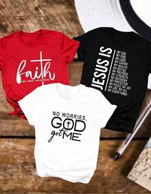 3 Nuevo modelo 2026, camiseta casual de manga corta para mujer de una pieza, estampada con los diseños "La fe puede mover montañas", "Jesús es mi Dios", "No hay necesidad de preocuparse, Dios se encargará de mí", camiseta de manga corta con cuello redondo para mujer, top deportivo casual de algodón puro y transpirable, regalo navideño Chun Die. - Negro - Ver 1