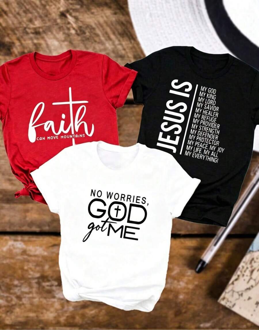 3 Nuevo modelo 2026, camiseta casual de manga corta para mujer de una pieza, estampada con los diseños "La fe puede mover montañas", "Jesús es mi Dios", "No hay necesidad de preocuparse, Dios se encargará de mí", camiseta de manga corta con cuello redondo para mujer, top deportivo casual de algodón puro y transpirable, regalo navideño Chun Die. - Negro - Ver 1