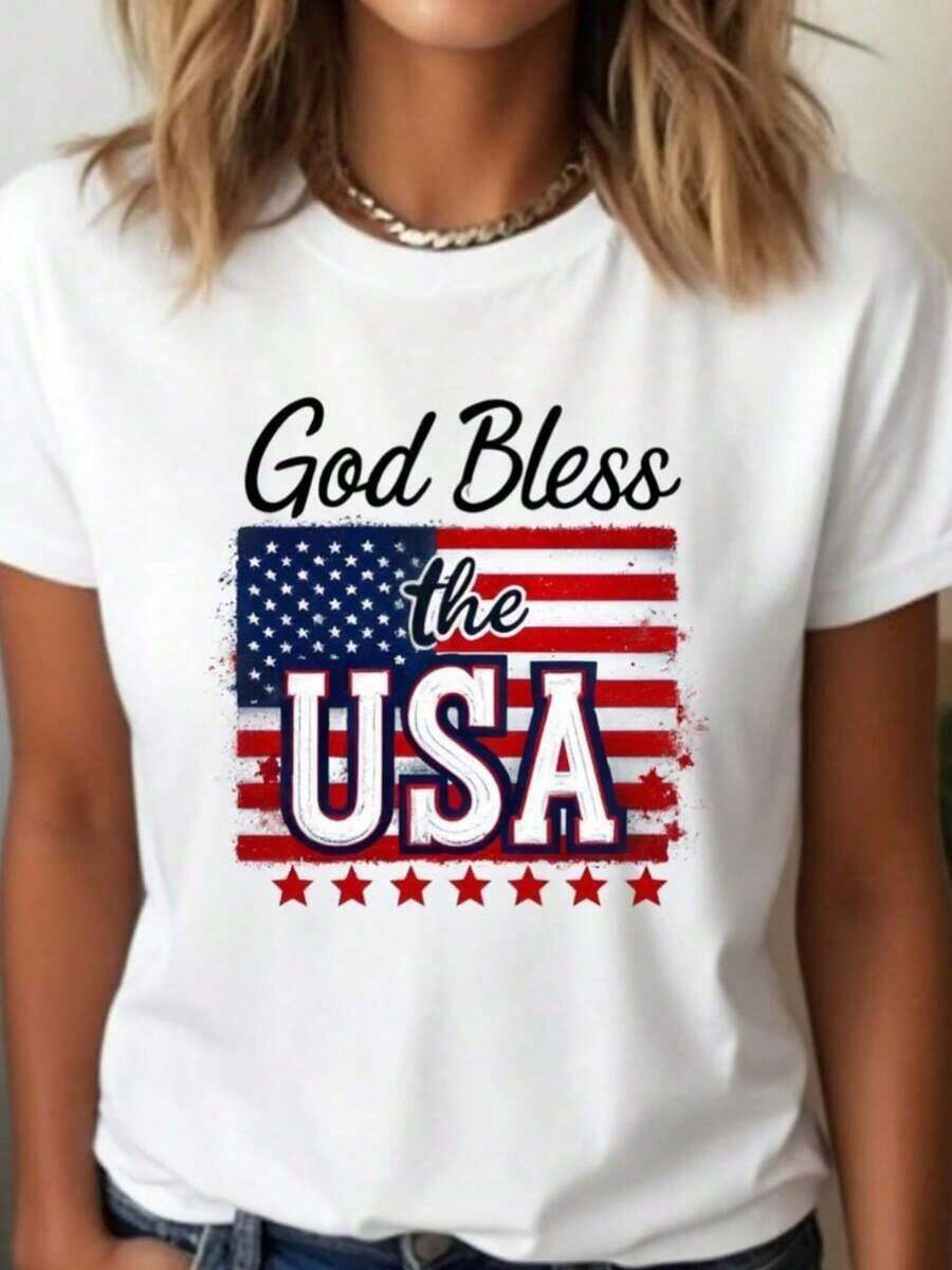 Camiseta de poliéster de manga corta y cuello redondo para mujer, diseño patriótico de la bandera con la frase "God Bless America" y estampado por transferencia térmica, moda para el Día de la Independencia que refleja el espíritu americano para mujeres y niñas, ropa casual con un toque de orgullo nacional. Unisex T-Shirts For Summer Outings playeras de mujer - Blanco - Ver 1
