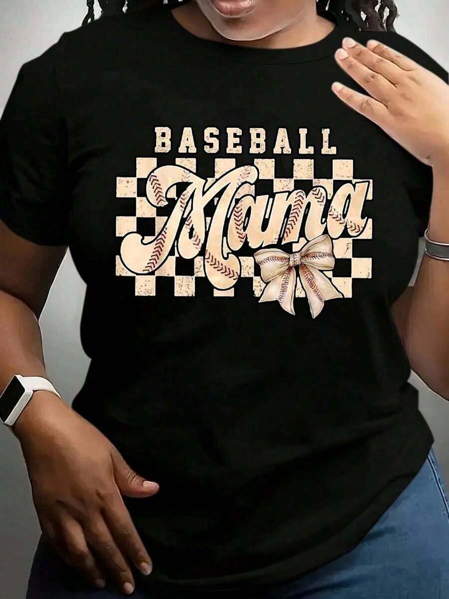 100% algodón, camiseta de mujer talla grande, camiseta de béisbol "Mama" con diseño a cuadros y lazo para mujer - perfecta para días de juego y eventos deportivos. - Negro - Ver 1