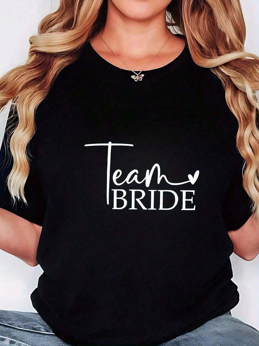 Camiseta gráfica para mujer, casual, de manga corta, cuello redondo, elástica, con diseño de huella de corazón, perfecta para despedidas de soltera, celebraciones de boda, ropa para fiestas de soltera, camiseta casual con estampado de calidad, tallas S-3XL para mujer. - Negro - Ver 1