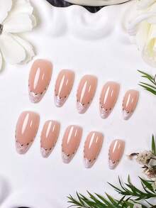 10 pièces d'ongles à presser faits main en forme d'amande, style français blanc avec des pois dorés. Polyvalent pour toutes les formes de mains, convient pour les sorties quotidiennes, les rendez-vous romantiques et autres occasions. Un choix de cadeau délicat et luxueux pour les dames. - Multicolore - Voir 5