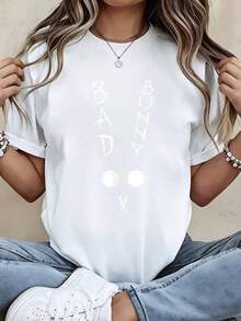 Camiseta Blanca de Cuello Redondo con Estampado de Texto "Bad Girl", Top Casual de Moda Urbana para Mujer, Ropa de Verano - Estilo Vintage Urbano, Unisex, Holgada, de Algodón, Manga Corta, 1 - Blanco - Ver 1