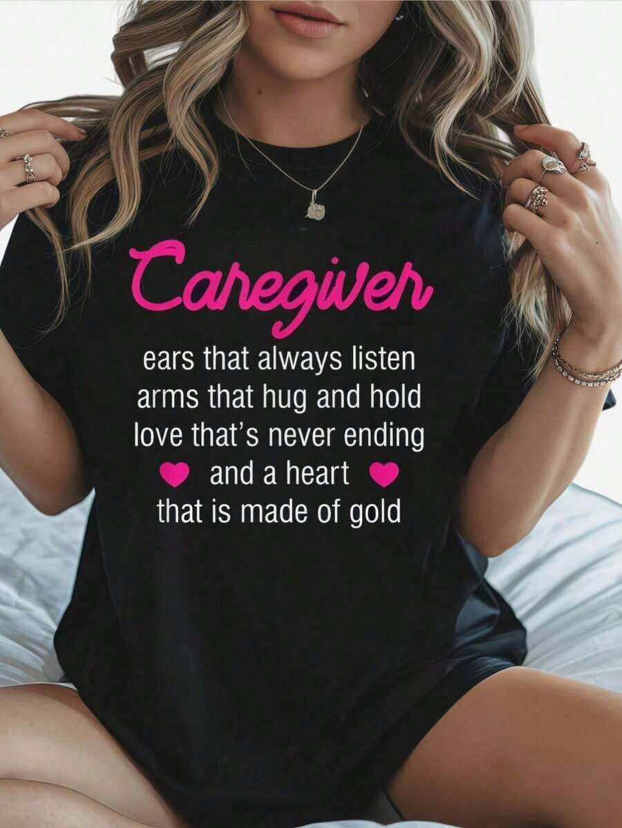Camiseta para Cuidador - Camiseta de manga corta de corte holgado con cuello redondo y estampado de frases de cuidador y cariño en rosa (Abrazo, Escucha, Amor Infinito).Idea de regalo para enfermeras y asistentes, camisa casual duradera, transpirable y cómoda. - Negro - Ver 1