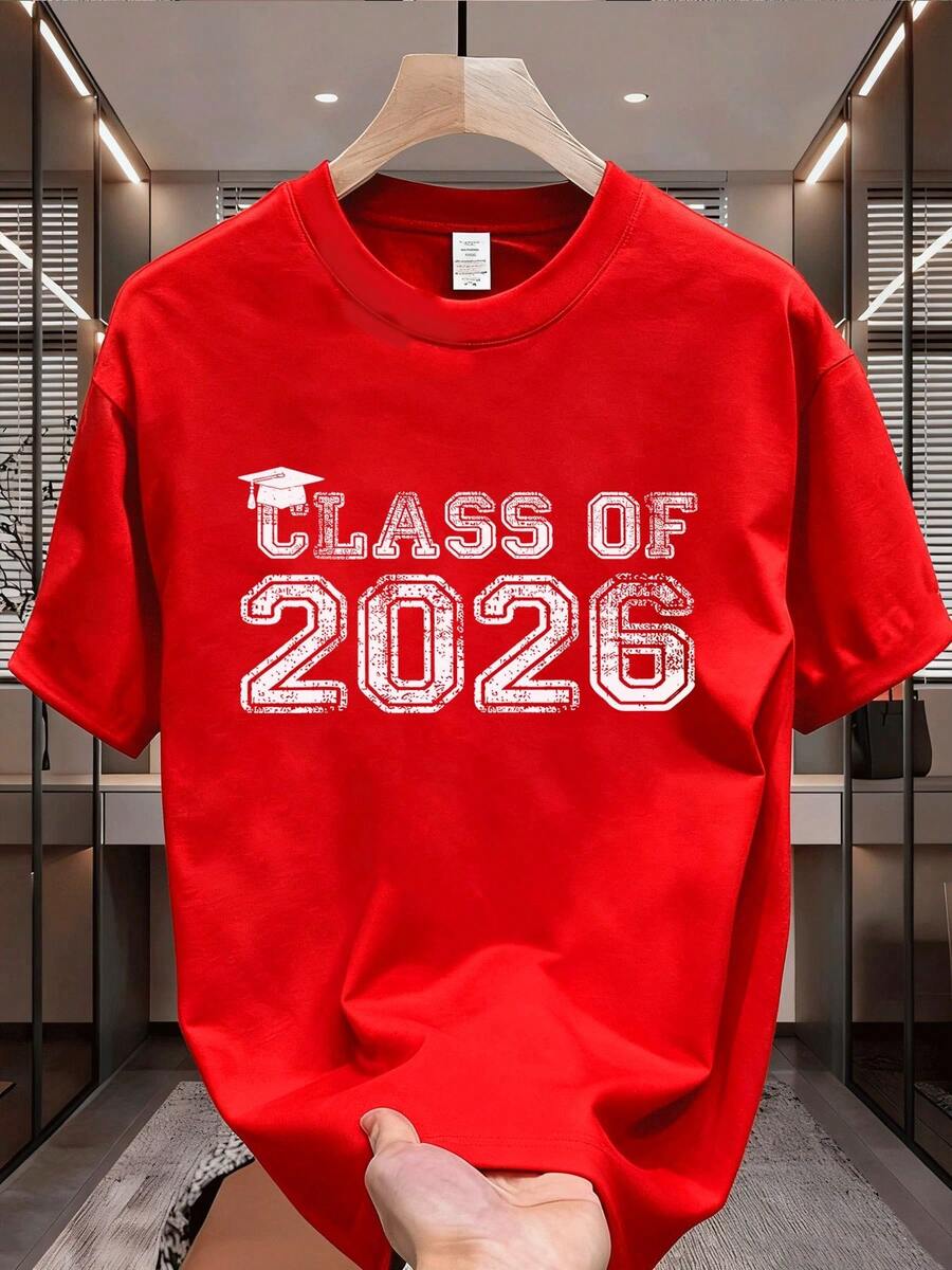 Men's Casual T-Shirt With Graduation Cap Print For The Class Of 2026, Perfect For Urban Style And Everyday Wear - 紅色 - 查看 1