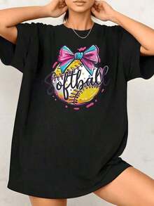 Camiseta de Softbol para Mujer con Estampado Gráfico de Lazo, Diseño Deportivo y Bonito, 100% Algodón, Cuello Redondo, Estilo Casual, 1 Pieza. Son Excelentes Regalos para Amigos y Familiares, para Uso Diario. Camiseta de Manga Corta de Algodón, Cuello Redondo, Estilo Vintage Urbano, Unisex, Corte Holgado. - Negro - Ver 6