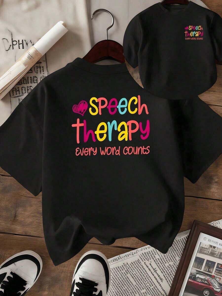 Palabras coloridas que expresan alegría y motivación al destacar la importancia de cada mensaje en un entorno positivo y lleno de energía Camiseta mujer doble cara casual cómoda para uso diario - Negro - Ver 1