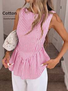 Camisa de mujer estilo náutico a rayas azul y blanco sin mangas con cuello, ajustada y acampanada, adecuada para uso casual, playa, viajes diarios en verano y otoño, tops de verano lindos para el 4 de julio, camisas de maestras, camisas profesional - Rosa Fucsia - Ver 2