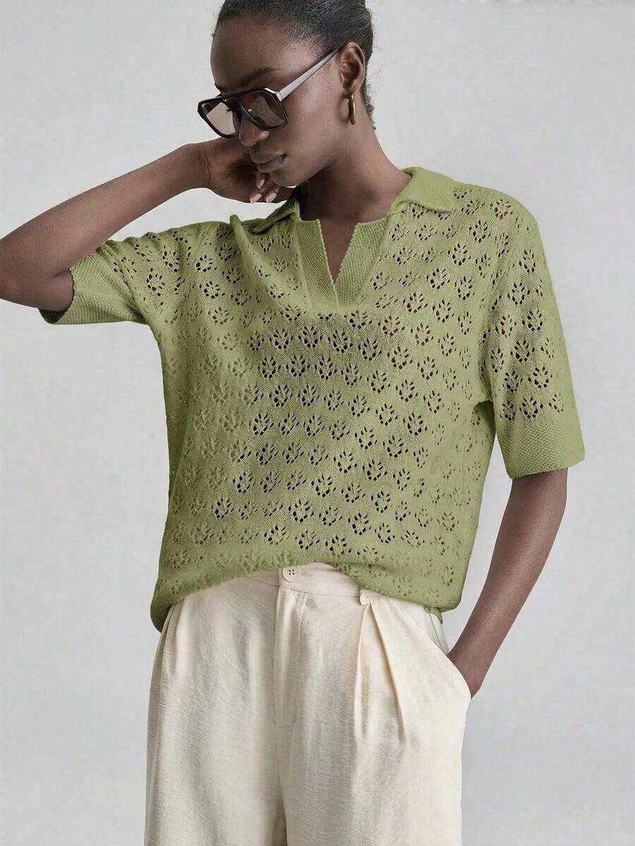 Top de manga corta de punto con cuello calado versátil - Verde - Ver 1