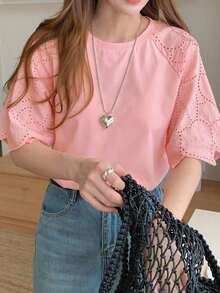 Camiseta casual de ciudad elegante de manga corta con parches de encaje para mujer - Rosa - Ver 6