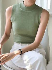Chaleco De Suéter Con Cuello Simulado - verde menta - Ver 7