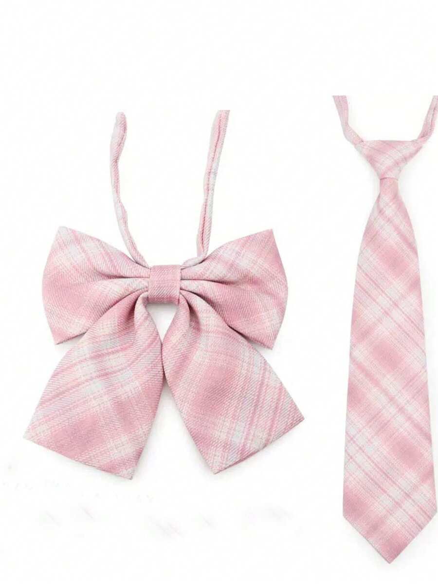 2pcs/Set Women's Casual Plaid Pattern Bow Tie & Necktie, Suitable For School, Daily Wear, And Dating - Multicolor - View 1